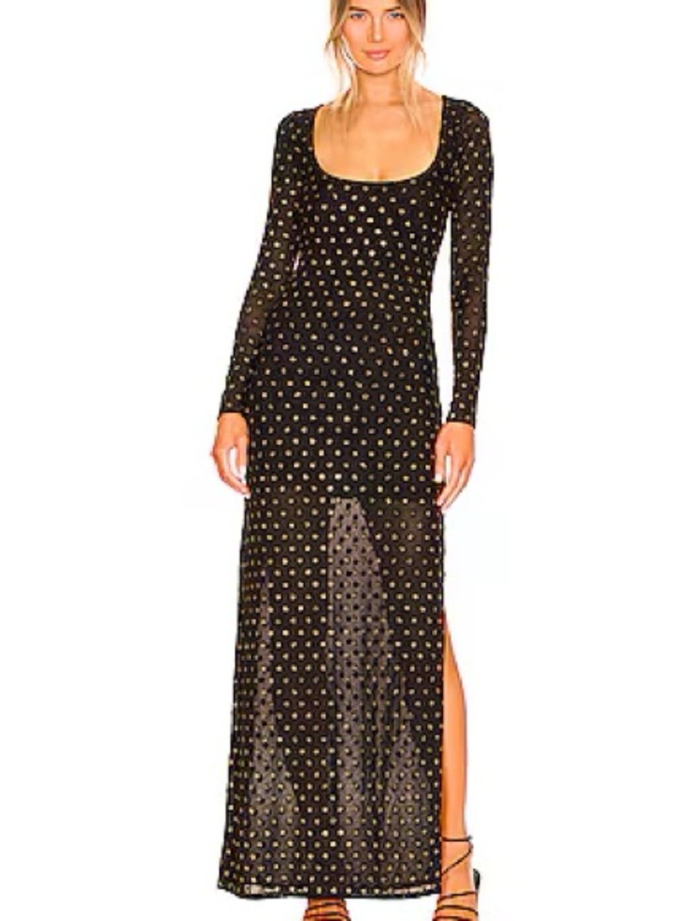 Lovers and Friends Black Maxi Dress with Gold Polka Dots